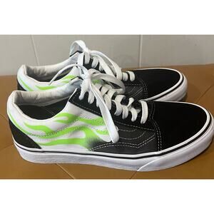 Vans Old Skool Skateboard Sneakers Black White Green Flames 507698 Mens Size‎ 7